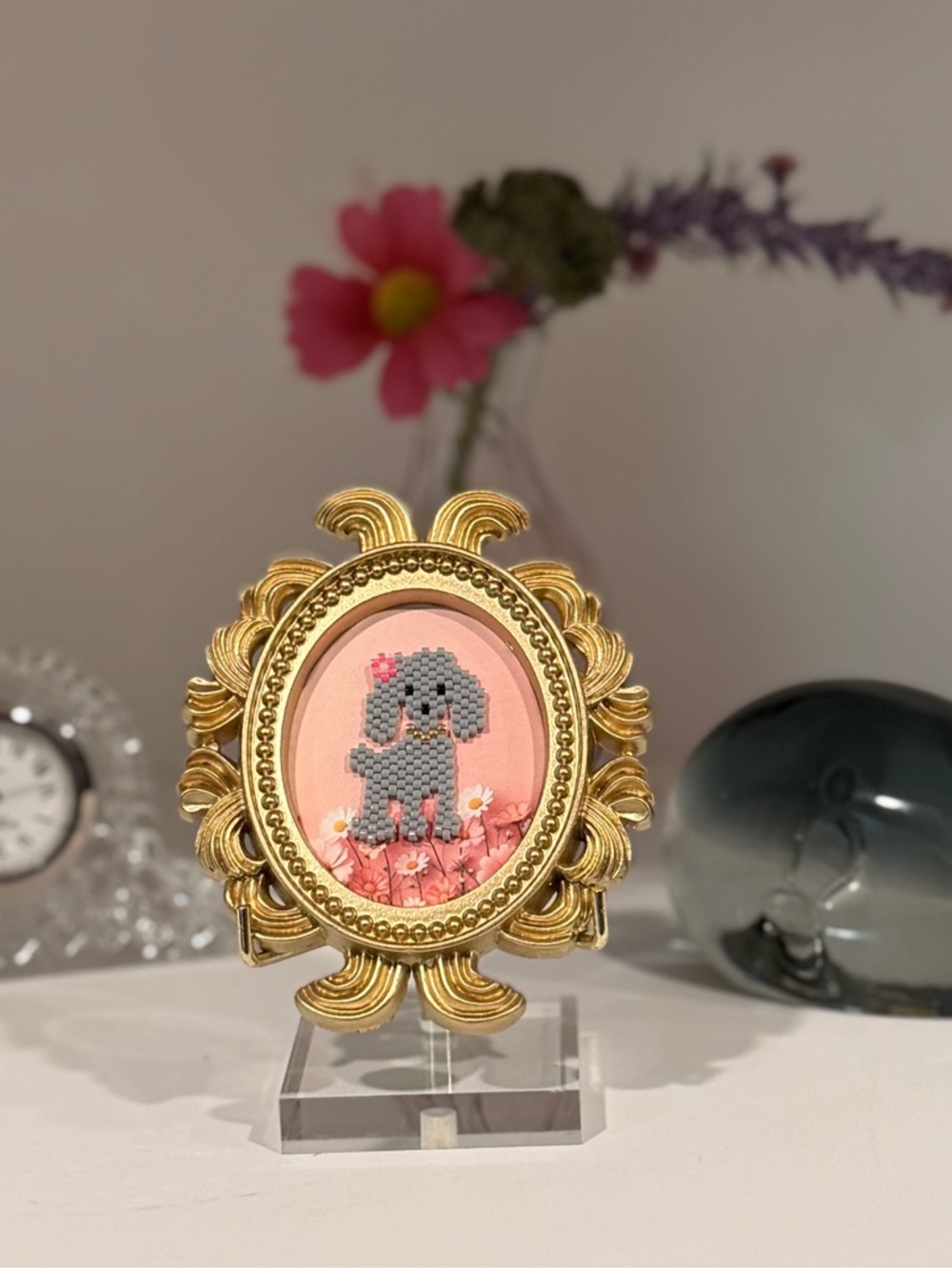 Mini Beaded Poodle Art in Gold Frame – Handmade Dog Decor